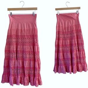 90s Cotton Tiered Crochet Knit A-Line Midi Skirt Boho Chic Festival